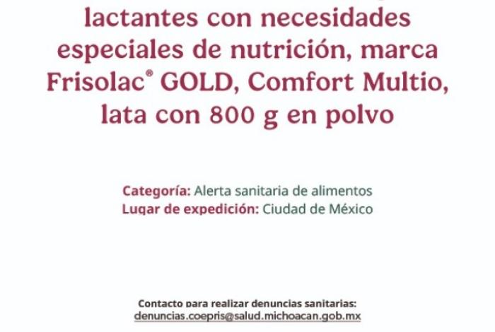 Alerta Cofepris sobre comercialización de lotes adulterados de fórmula infantil Frisolac®️