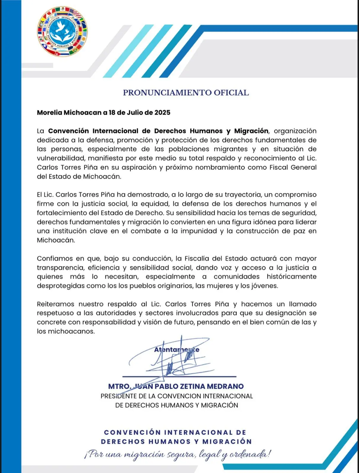 Convención Internacional de Derechos Humanos y Migración se pronuncia a favor de Torres Piña rumbo a la FGE