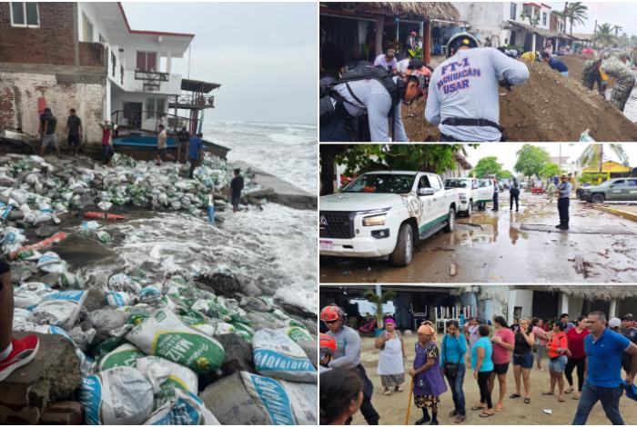 Entre costales de arena y fuerte oleaje, Playa Azul resiste los efectos del huracán Polo