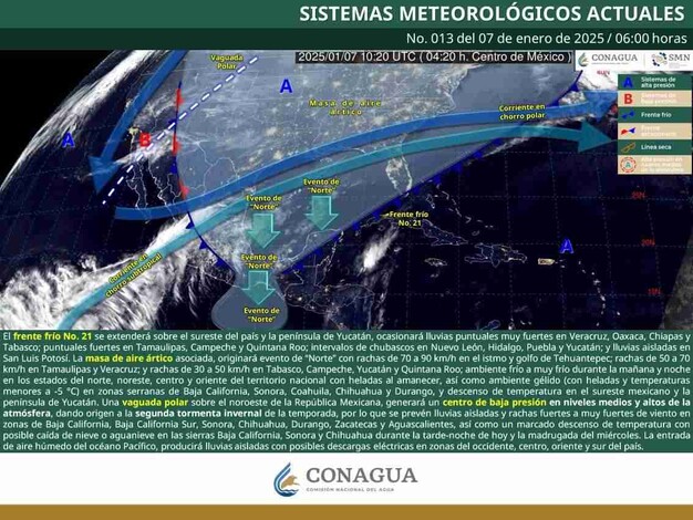 Frente frío no. 21 ocasionará lluvias puntuales fuertes a muy fuertes