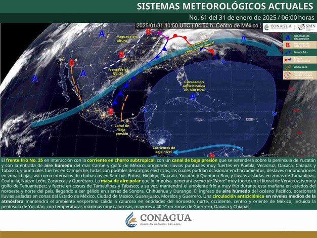 Frente frío No. 25 se mantiene en gran parte del territorio mexicano