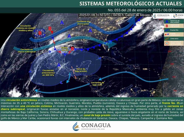 Frente No. 25 originará lluvias aisladas en gran parte de la República Mexicana