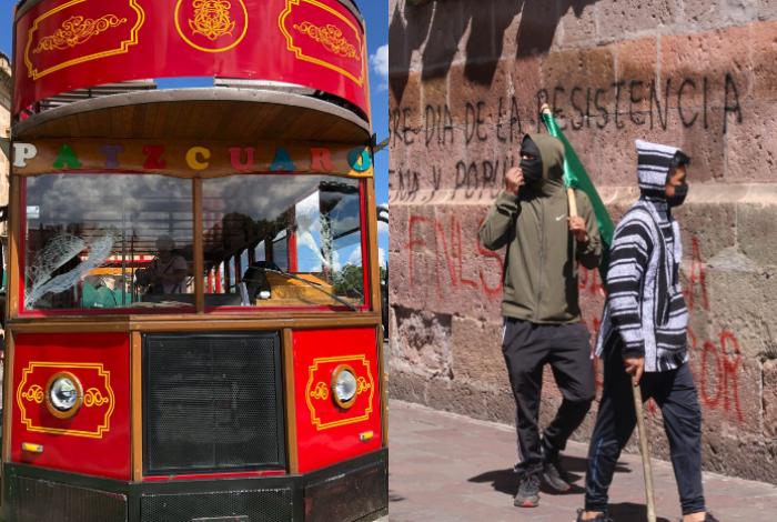 Gas lacrimógeno, pedradas y 2 tranvías turísticos dañados; FNLS desata caos en Morelia y se enfrenta a la UROP