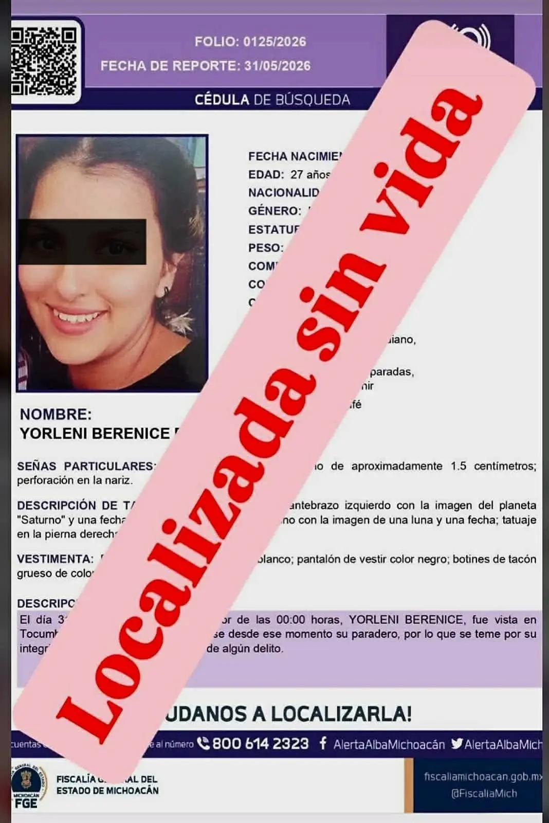Identifican como joven desaparecida en Tocumbo a mujer hallada sin vida en Tangamandapio