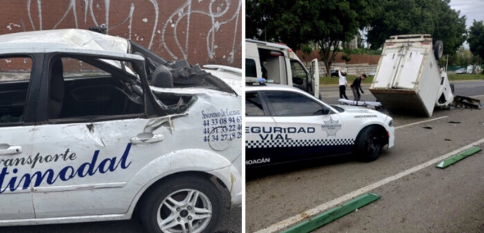 #Imágenes | Camioneta vuelca y cae sobre un taxi en el Libramiento de Morelia