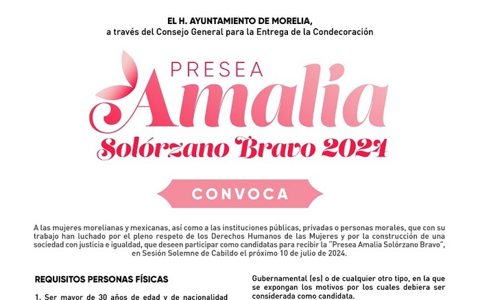 IMMUJERIS, invita a activistas a postularse a la Presea “Amalia Solórzano Bravo”