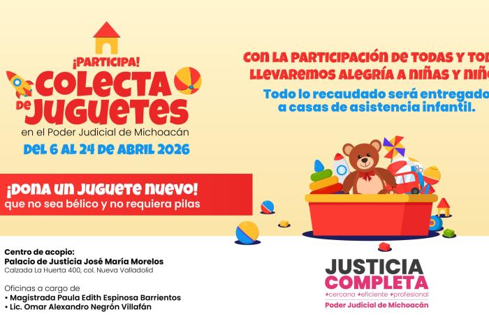 Invita Poder Judicial de Michoacán a participar en colecta de juguetes por el Día del Niño
