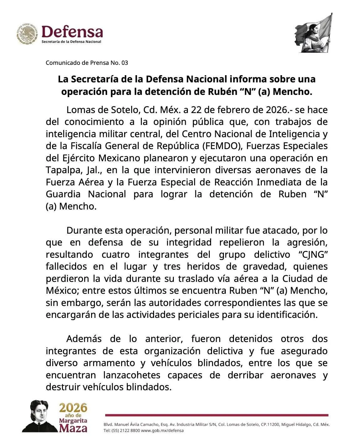 La Secretaría de la Defensa Nacional confirma la muerte de Nemesio Oseguera Cervantes, “El Mencho”, líder del CJNG