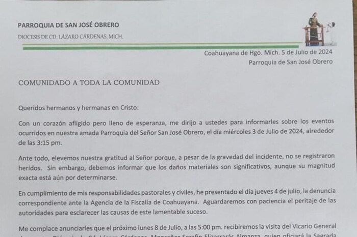 Párroco presenta denuncia por explosión en Templo de San José Obrero de Coahuayana