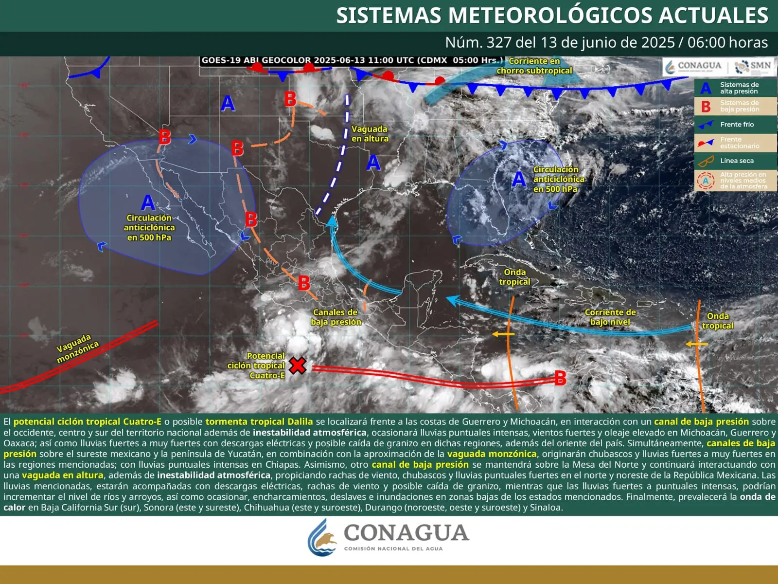 Posible tormenta tropical Dalila ocasionará lluvias puntuales intensas en Michoacán