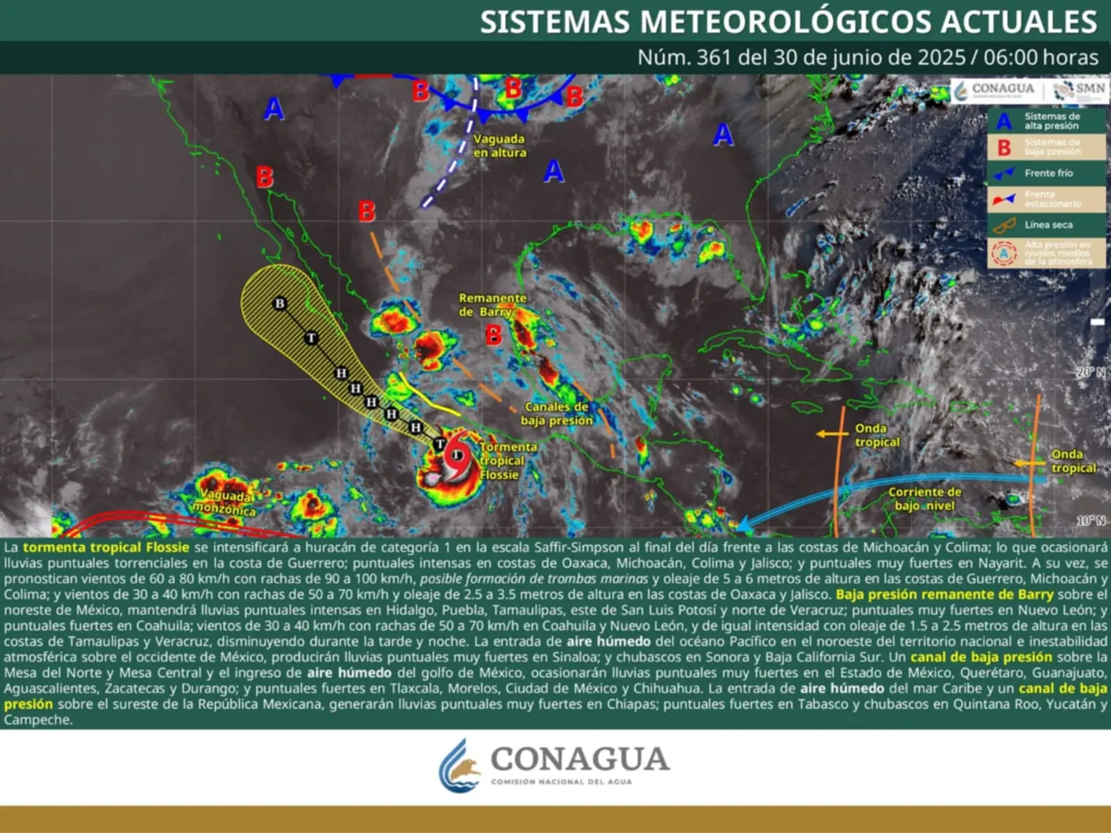 Se contempla que Flossie se intensifique a huracán de categoría 1 al final de este lunes, frente a costas de Michoacán