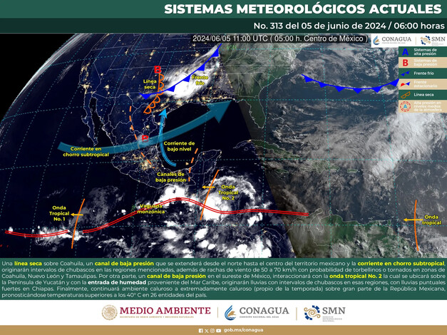 Se prevén lluvias fuertes en Chiapas e intervalos de chubascos en el norte de México