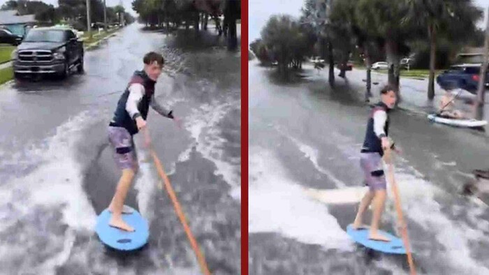 Video: Captan a jóvenes surfeando en calles de Florida tras paso de huracán Milton